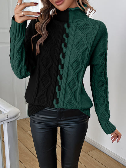 Elegant High-Neck Striped Blouse – Color-Block Knit Long Sleeve Top