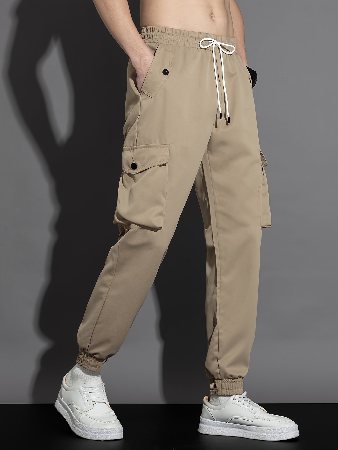 Men’s Olive Cargo Pants – Multi-Pocket Drawstring Utility Trousers