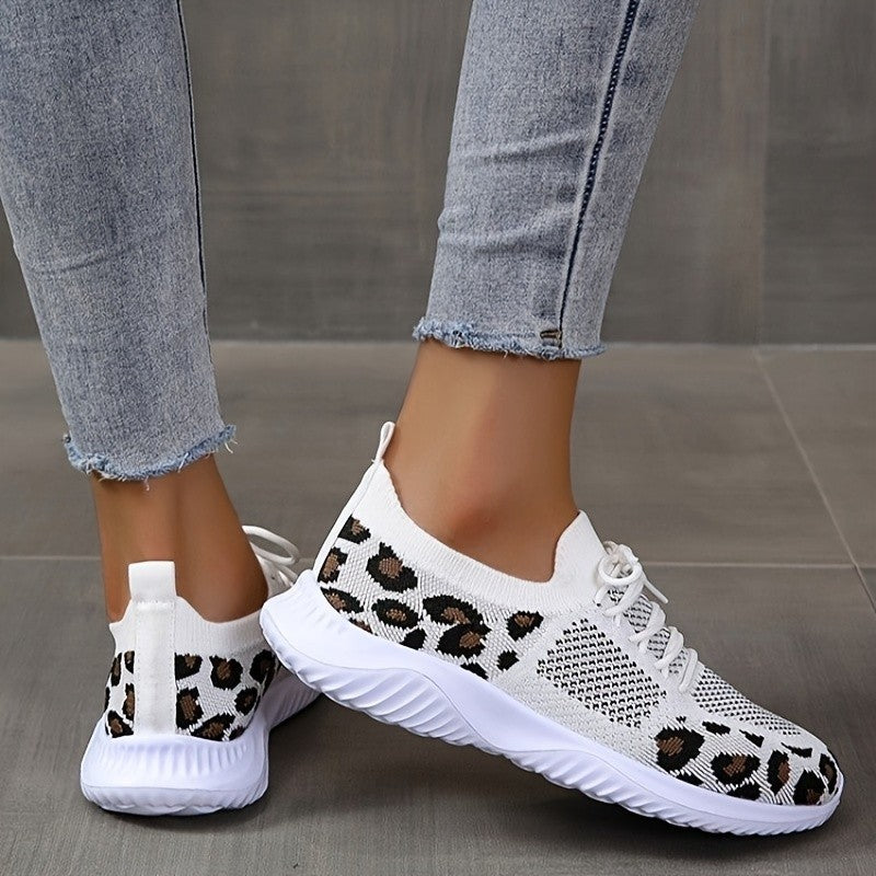 Loom & Soul Leopard Print Lace-Up Sneakers – Women’s Casual White Sports Shoes with Round Toe