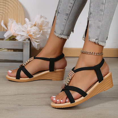 Sandales compensées bohèmes à perles – Chaussures d'été à plateforme et bout ouvert