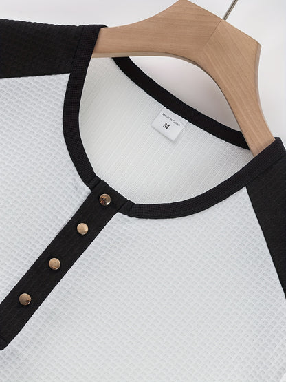 Men’s Waffle Henley Shirt – White & Black All-Season Button Top