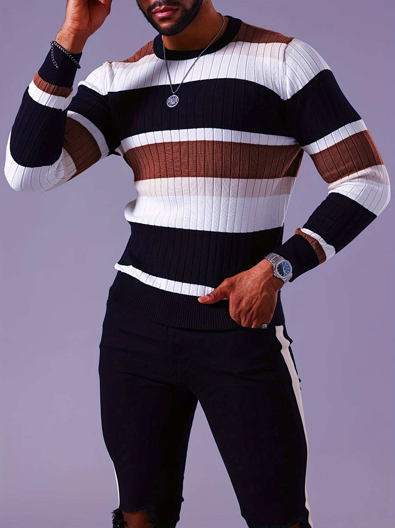 Men’s Striped Ribbed Knit Sweater – Color-Block Fall Winter Pullover