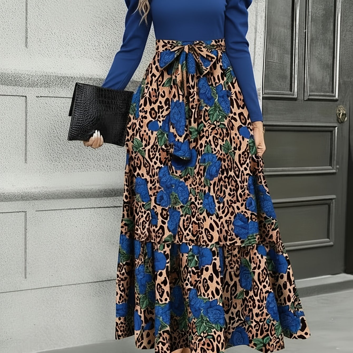 Vestido con estampado de leopardo y retazos con lazo en la cintura – Vestido entallado de manga larga elegante