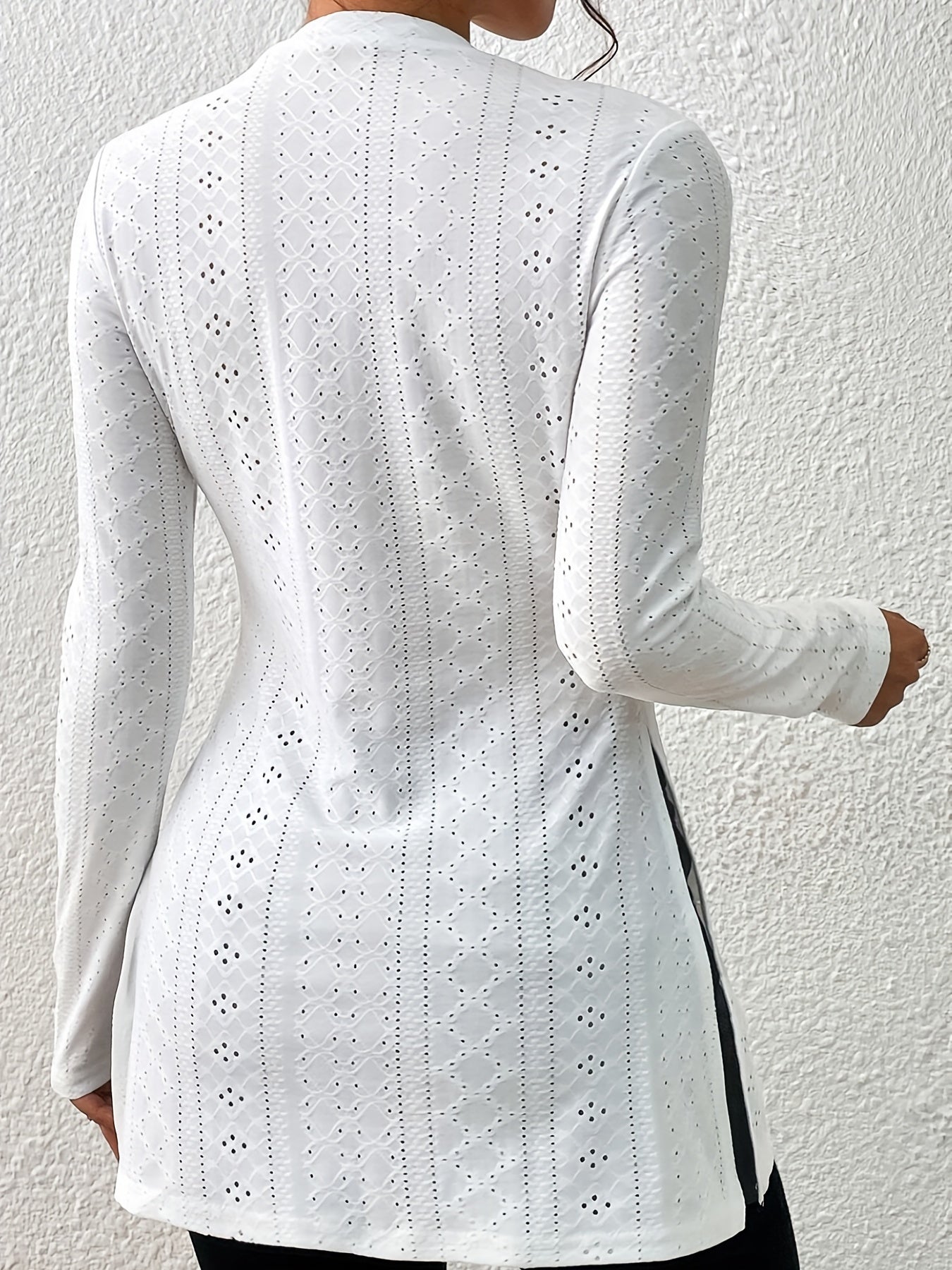 Elegant Long Sleeve Split Hem Top – Crew Neck Eyelet T-Shirt