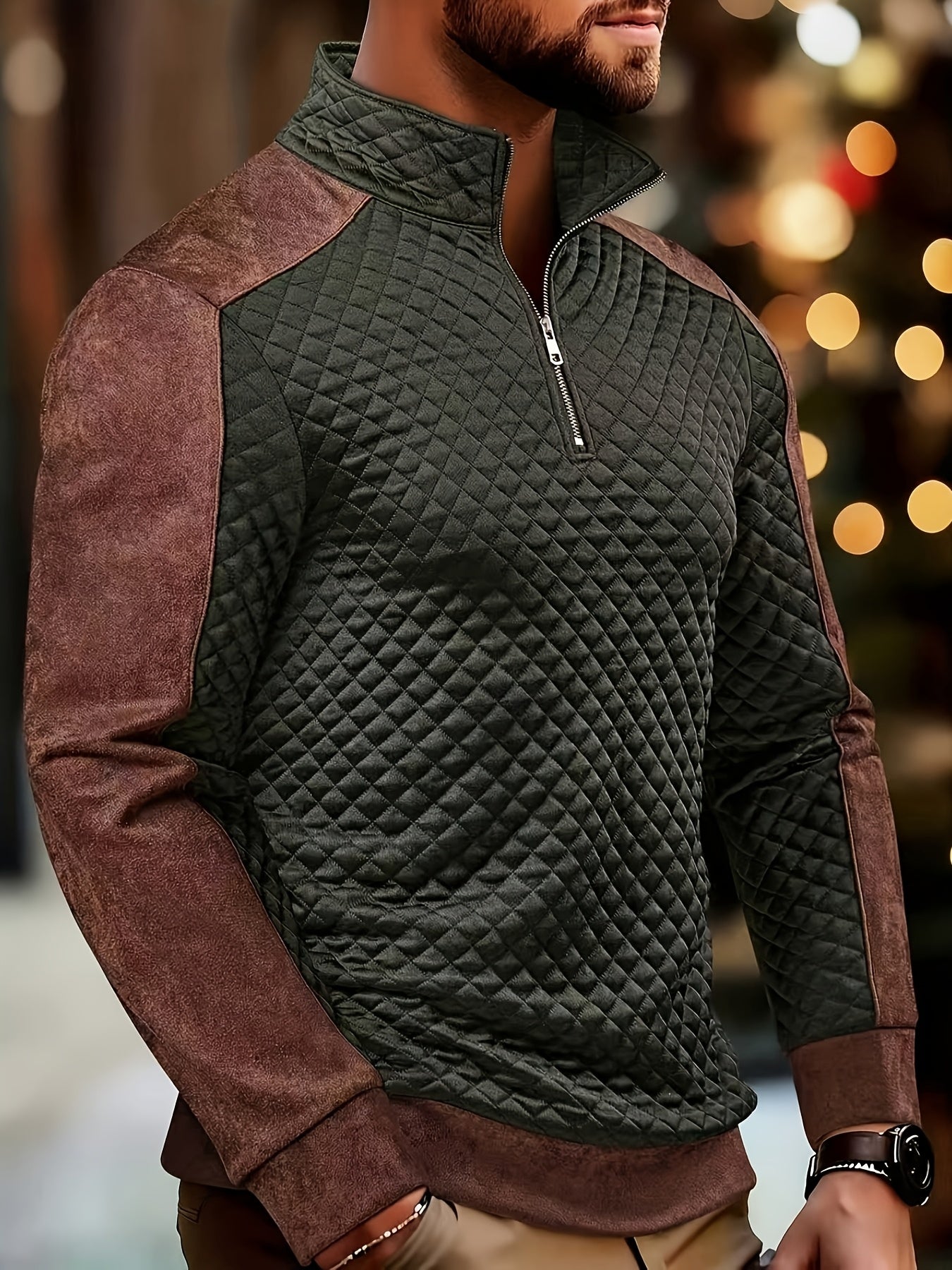 Henley zippé en maille diamant pour homme – Pull texturé color block