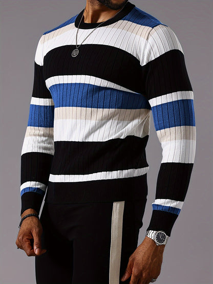 Men’s Striped Ribbed Knit Sweater – Color-Block Fall Winter Pullover