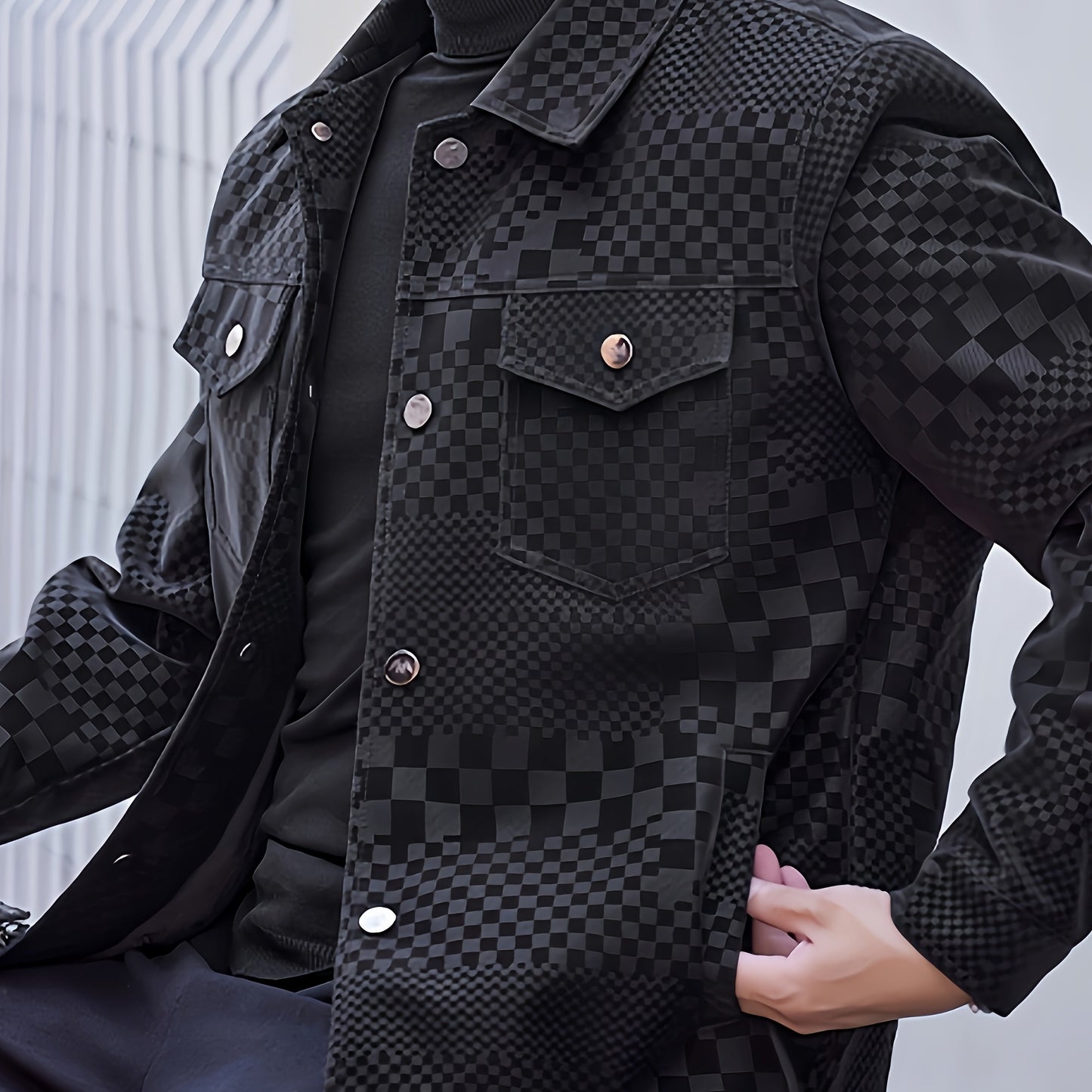 Men’s Checkered PU Coat – Black & Brown Houndstooth Street Jacket