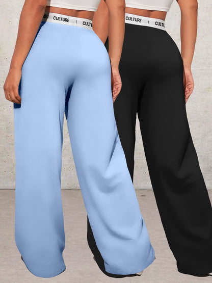 Women’s Geometric Love Print Two-Piece Set – Wide-Leg High-Waist Pants