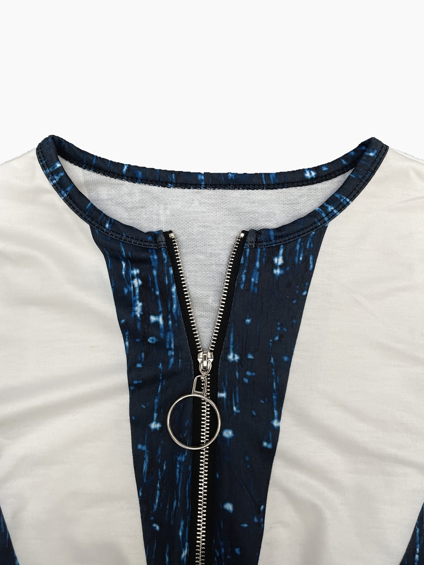 Colorblock Stripe Zip-Front Top – Elegant Long Sleeve Knit Tee