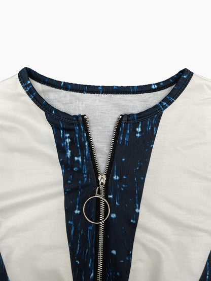 Colorblock Stripe Zip-Front Top – Elegant Long Sleeve Knit Tee