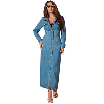 Vestido cárdigan de mezclilla con botones para mujer – Corte urbano de manga larga