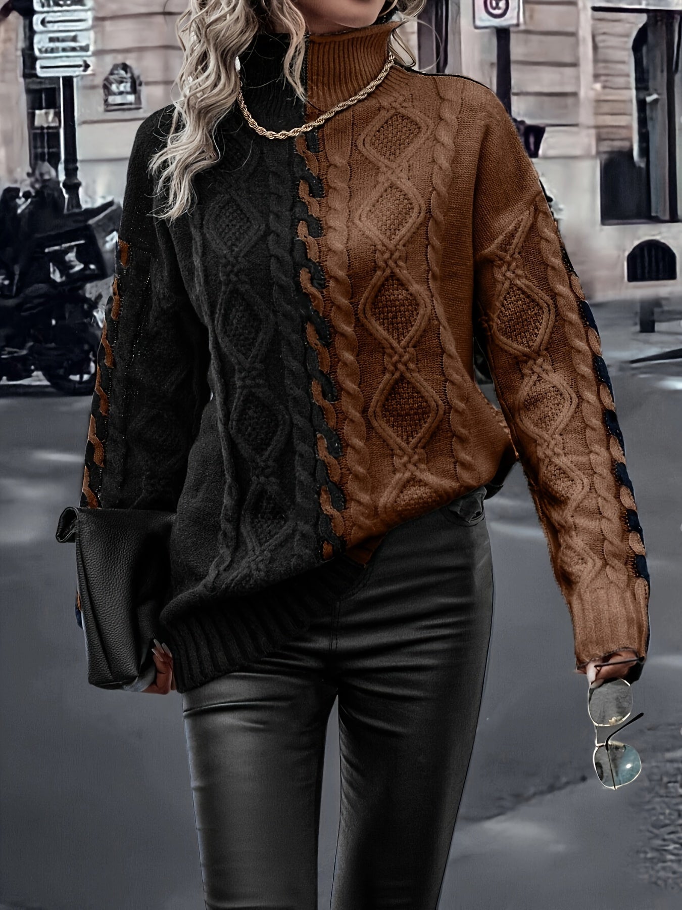 Elegant High-Neck Striped Blouse – Color-Block Knit Long Sleeve Top