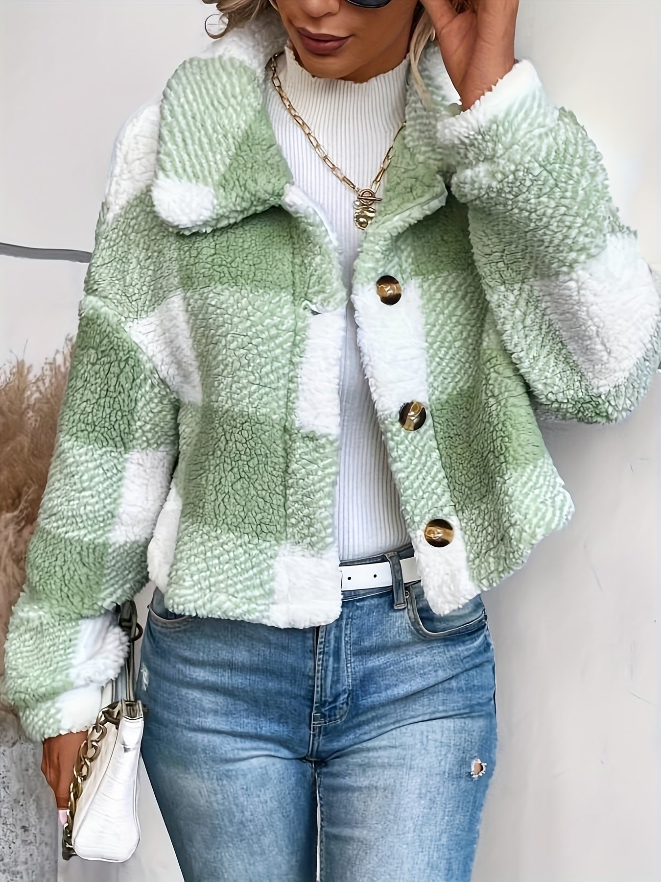Women’s Plaid Teddy Coat – Warm Button-Up Long Sleeve Winter Outerwear