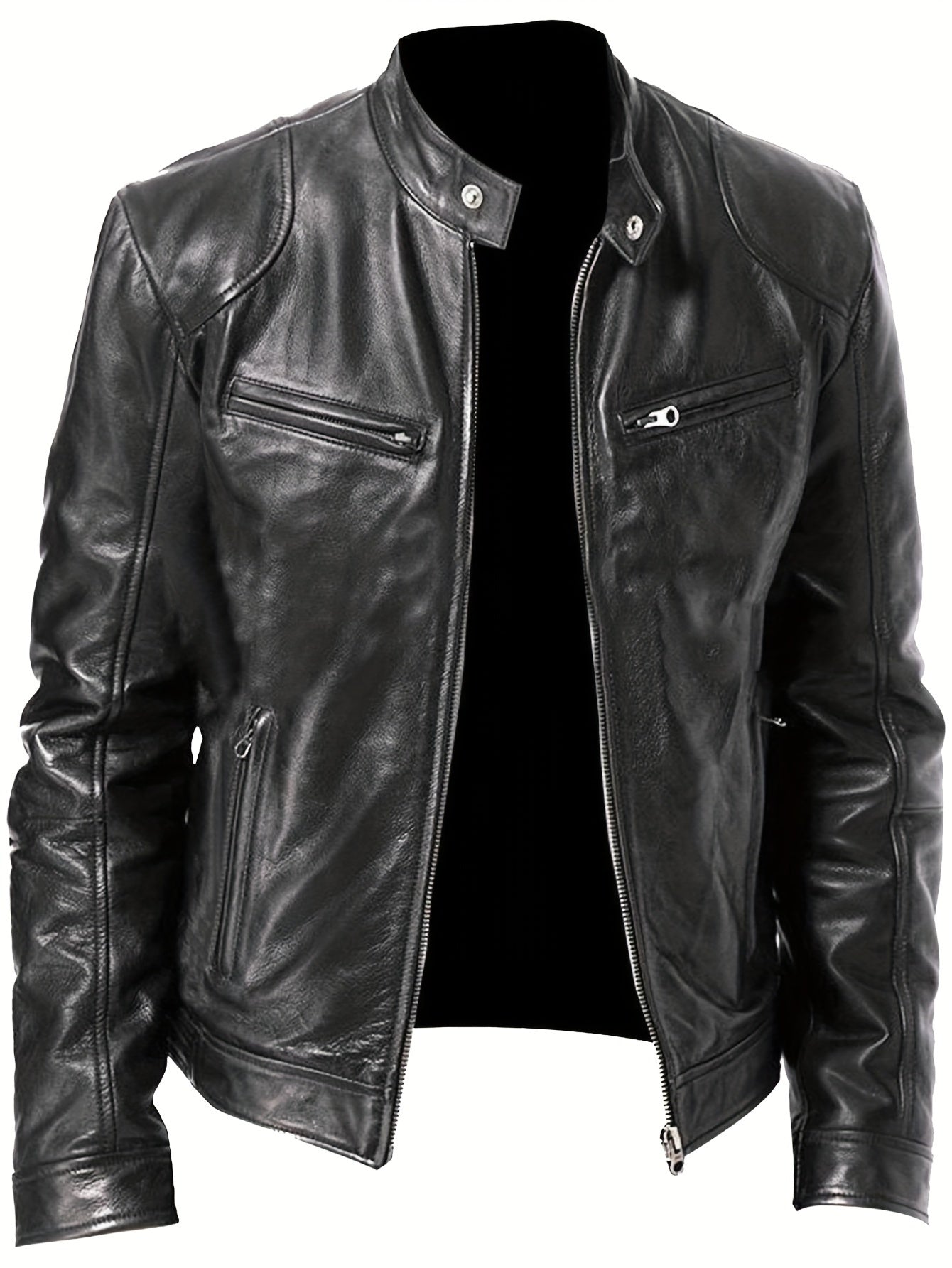 Men’s Full-Zip Motorcycle Jacket – Brown PU Leather Stand Collar Coat