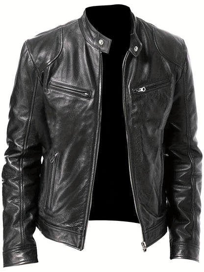 Men’s Full-Zip Motorcycle Jacket – Brown PU Leather Stand Collar Coat