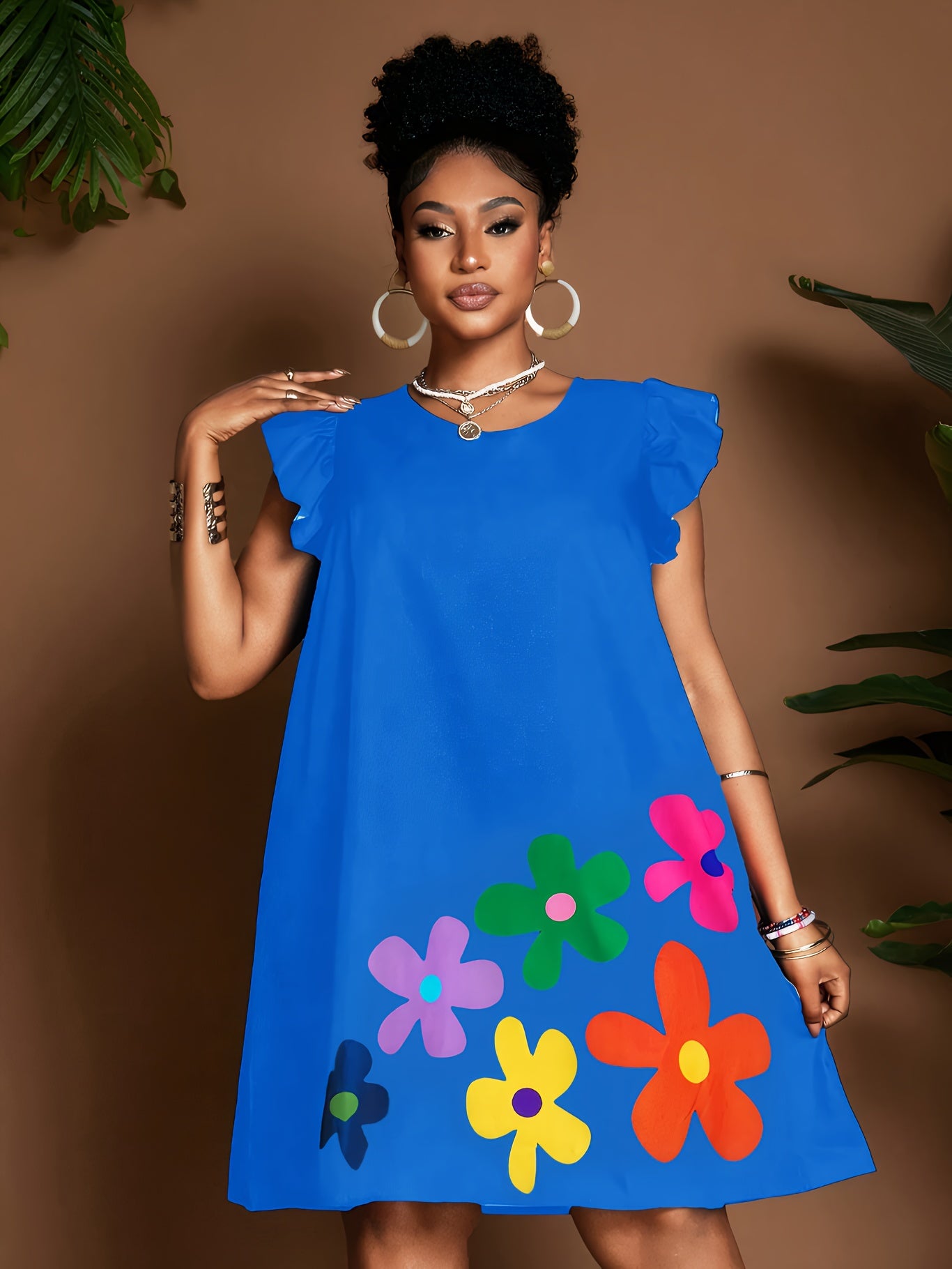 Vestido de verano con volantes en las mangas y estampado floral – Elegante vestido de verano hasta la rodilla