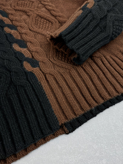 Elegant High-Neck Striped Blouse – Color-Block Knit Long Sleeve Top