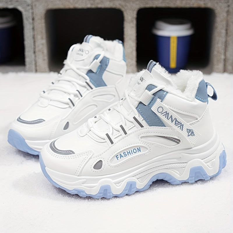 Women’s Cozy Fleece Snow Boots – White & Blue Non-Slip Thick Sole Winter Shoes