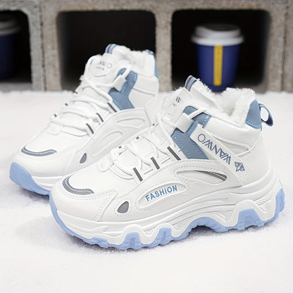 Women’s Cozy Fleece Snow Boots – White & Blue Non-Slip Thick Sole Winter Shoes