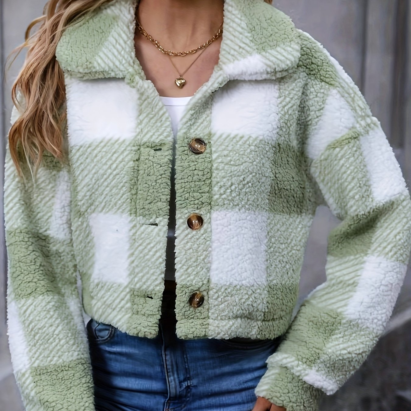 Women’s Plaid Teddy Coat – Button-Up Warm Checkered Fall/Winter Outerwear
