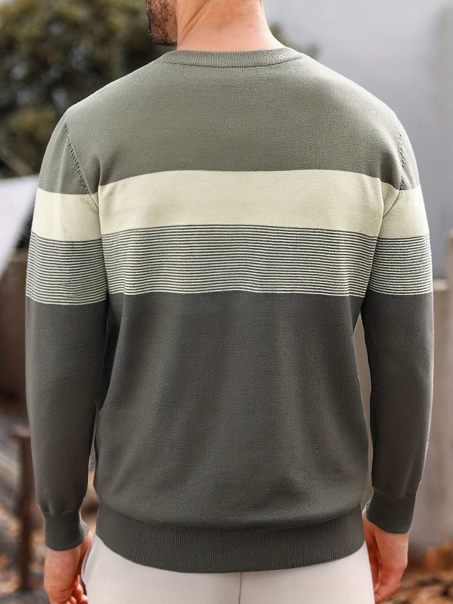 Suéter tipo jersey de punto a rayas para hombre – Clásico, manga larga, cuello redondo