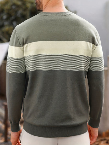 Suéter tipo jersey de punto a rayas para hombre – Clásico, manga larga, cuello redondo