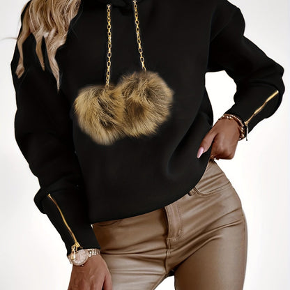 Women’s Fuzzy Pom-Pom Hoodie – Cozy Zip-Up Fall/Winter Pullover