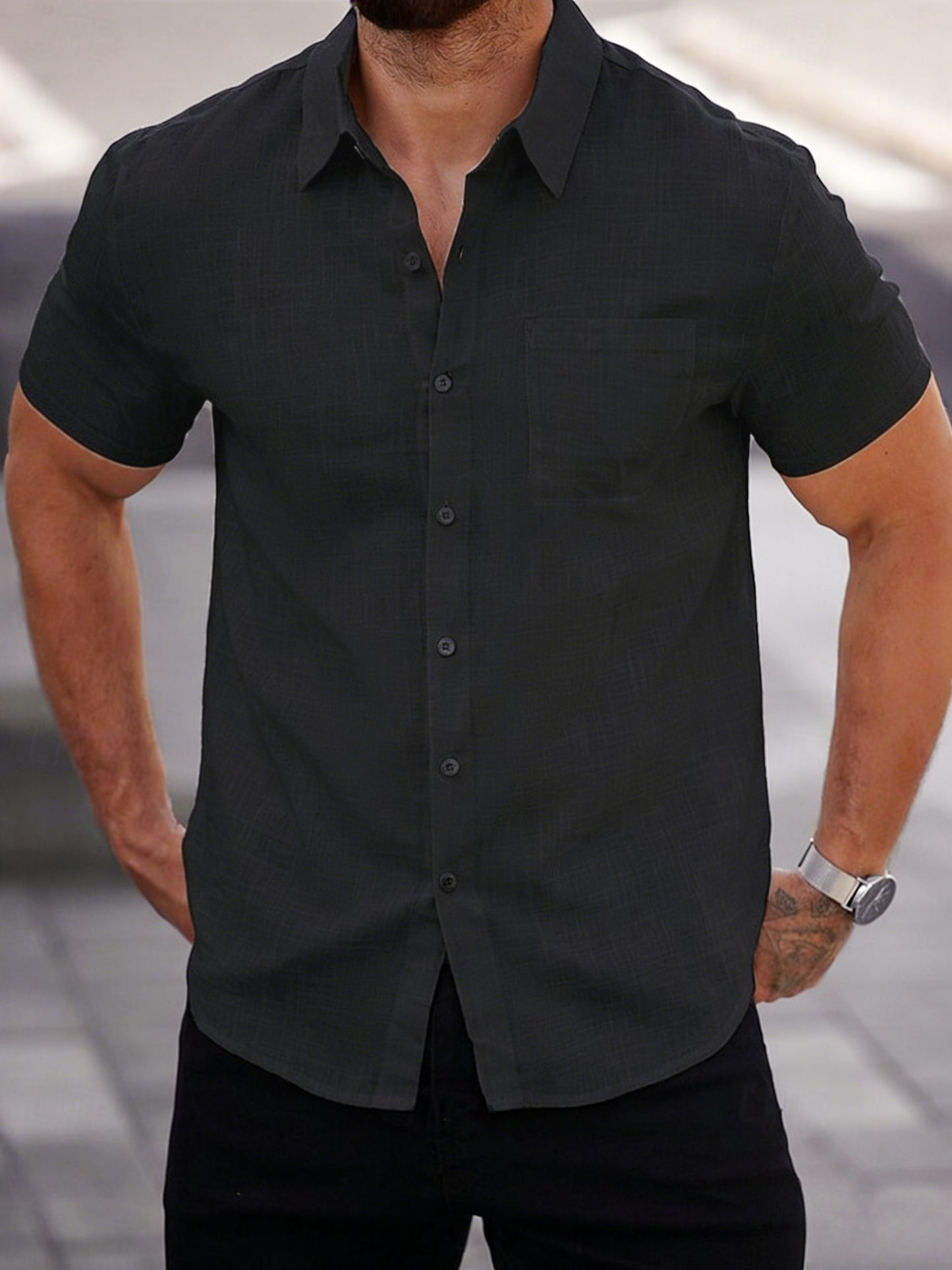 Chemise à manches courtes légère en lyocell pour homme – Boutonnée décontractée d’été