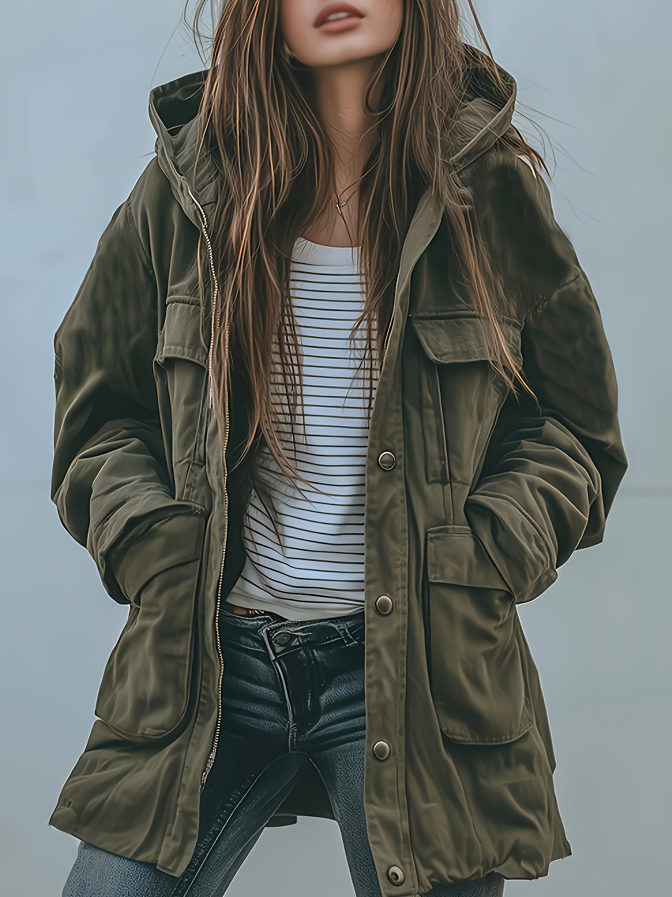 Women’s Olive Heavy-Duty Hooded Jacket – Thick All-Season Workwear Coat