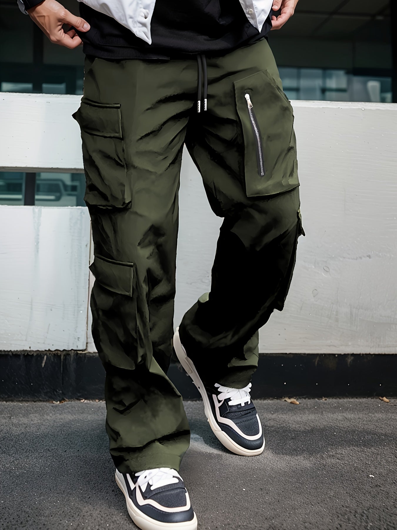 Men’s Green Cargo Pants – Loose Straight-Leg Elastic Waist Trousers