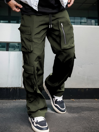 Men’s Green Cargo Pants – Loose Straight-Leg Elastic Waist Trousers