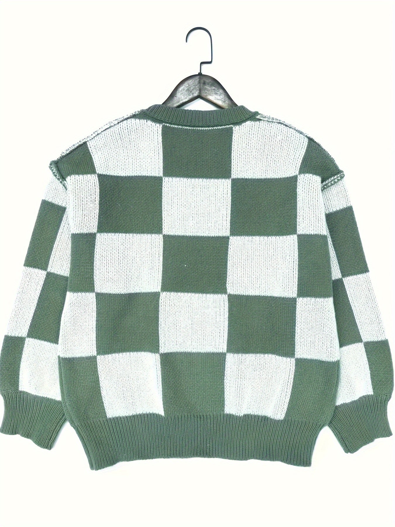 Checkered Knit Sweater – Cozy Fall/Winter Crewneck Plaid Pullover