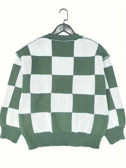 Checkered Knit Sweater – Cozy Fall/Winter Crewneck Plaid Pullover