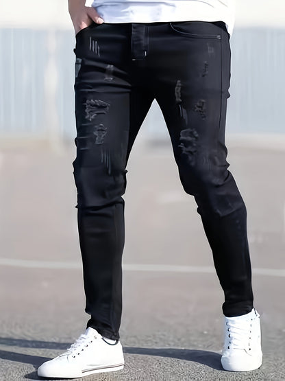 Men’s Black Distressed Skinny Jeans – Ripped Stretch Denim for All Seasons