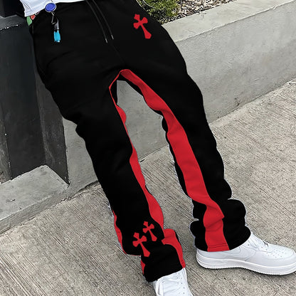 Men’s Black Flared Pants – Cross Print Streetwear Trousers with Red Stripe