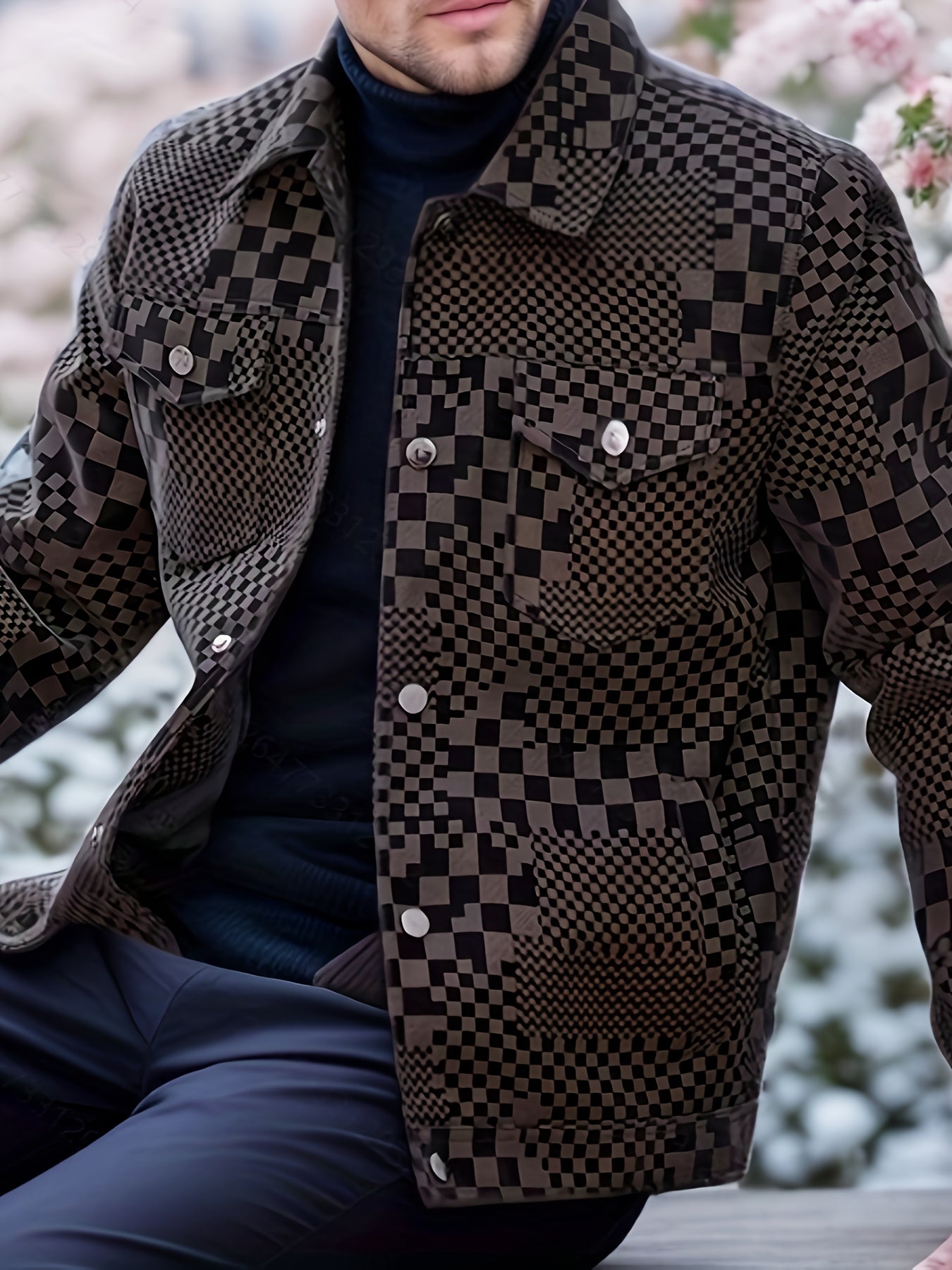 Men’s Checkered PU Coat – Black & Brown Houndstooth Street Jacket