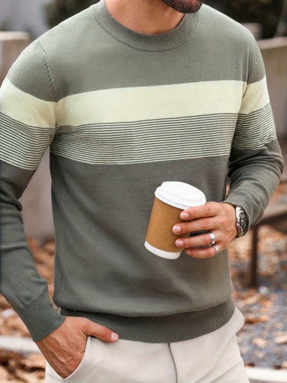 Suéter tipo jersey de punto a rayas para hombre – Clásico, manga larga, cuello redondo
