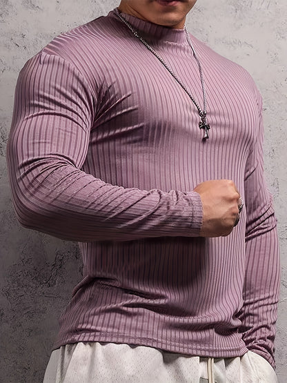 T-shirt côtelé ajusté à manches longues pour homme – Col montant athlétique