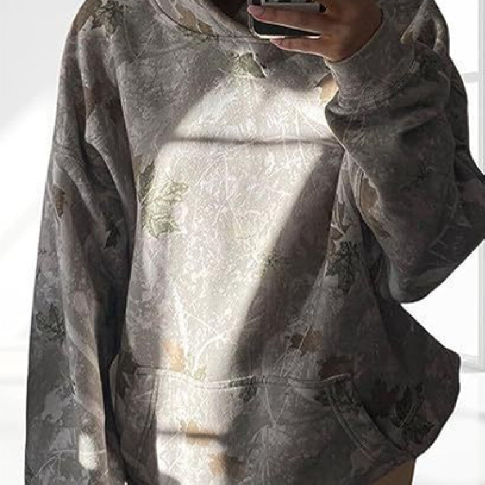 Loom & Soul Women’s Casual Floral Hooded Top – Loose Pullover with Lantern Sleeves, Front Pocket & Digital Print (Khaki, Light Grey)