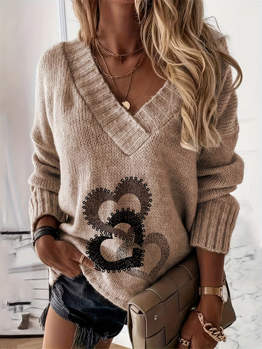 Cozy Heart Print V-Neck Sweater – Soft Knit Pullover for Fall/Winter
