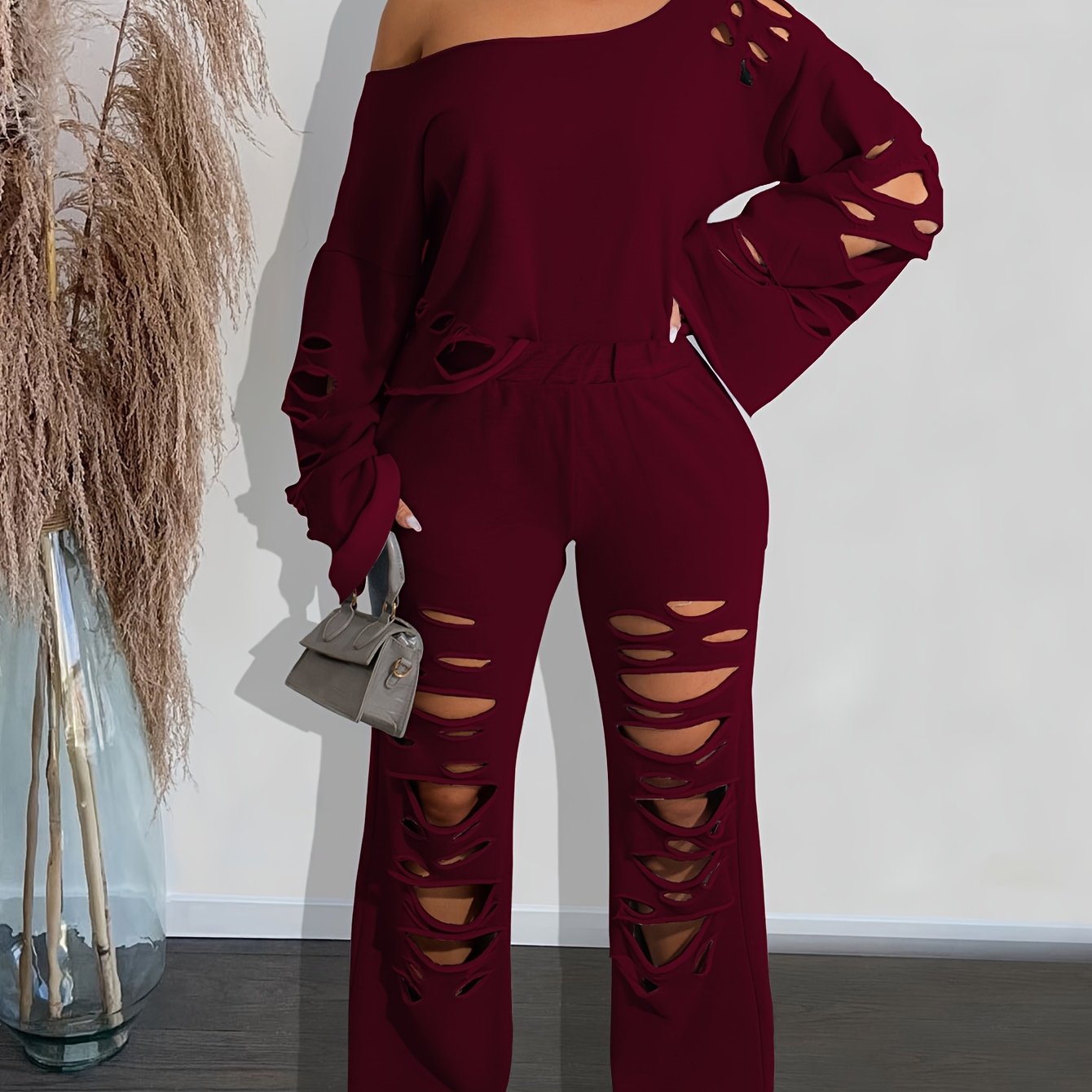 Women’s 2-Piece Off-Shoulder Distressed Set – Long Sleeve Top & Ripped Pants