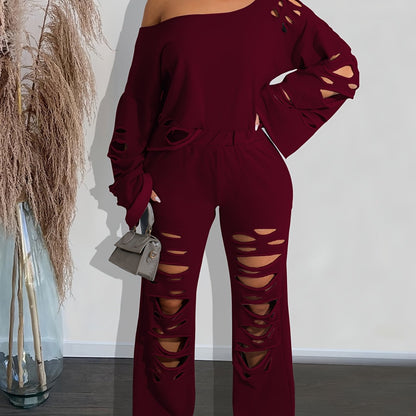 Women’s 2-Piece Off-Shoulder Distressed Set – Long Sleeve Top & Ripped Pants