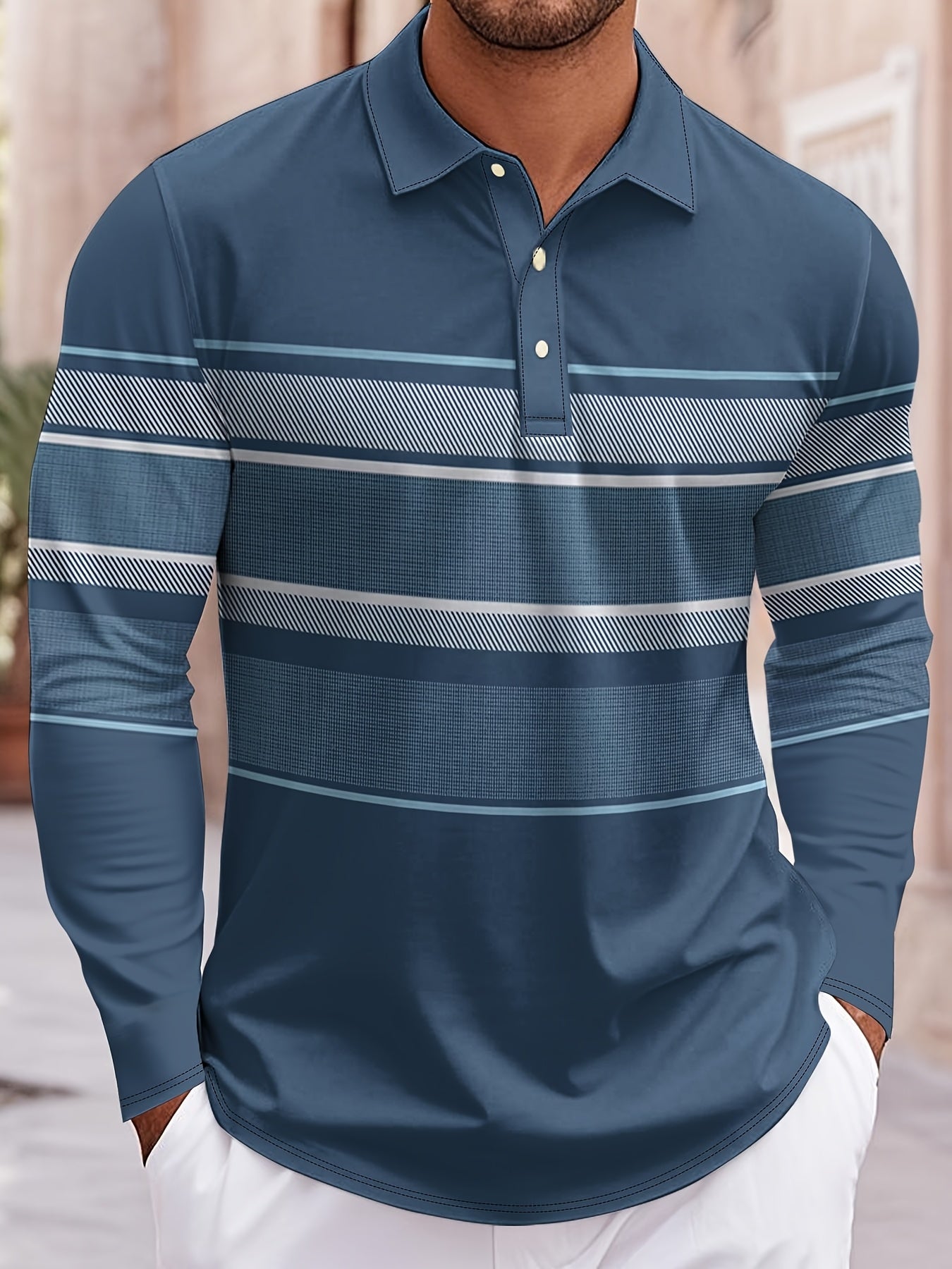 Polo rayé bleu et blanc pour homme – Polo décontracté à manches longues style preppy