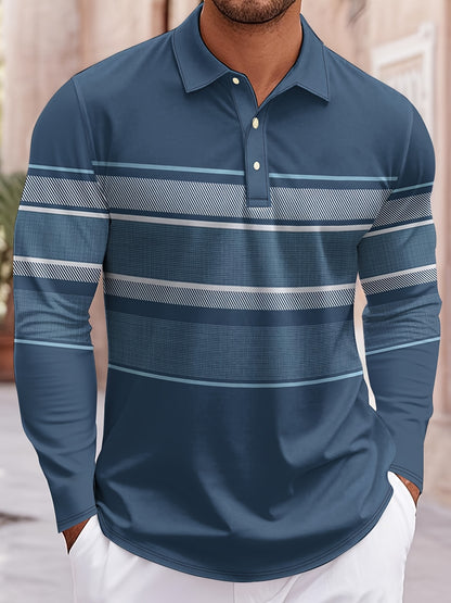 Polo rayé bleu et blanc pour homme – Polo décontracté à manches longues style preppy