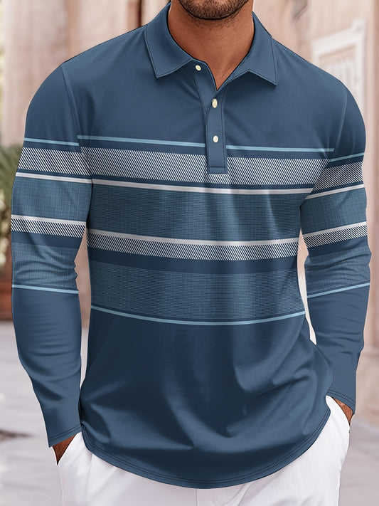 Men’s Blue & White Striped Polo Shirt – Long Sleeve Casual Preppy Polo