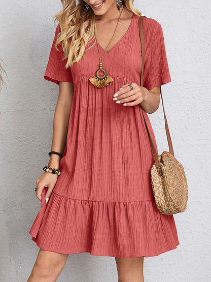 Loom & Soul™ V-Neck Ruffle Dress – Women’s Casual Short Sleeve Summer Beach Dress
