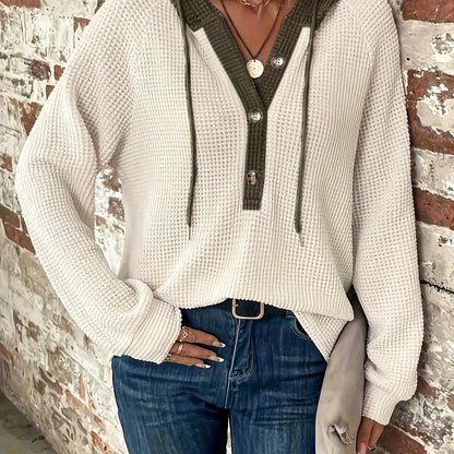 Women’s Color Block Hoodie – Button-Front Drawstring Casual Sweatshirt