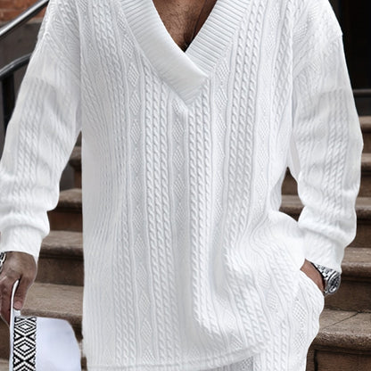 Pull décontracté pour homme en maille col V jacquard côtelé