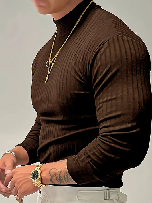 Camiseta de manga larga ajustada acanalada para hombre – Camiseta deportiva con cuello alto