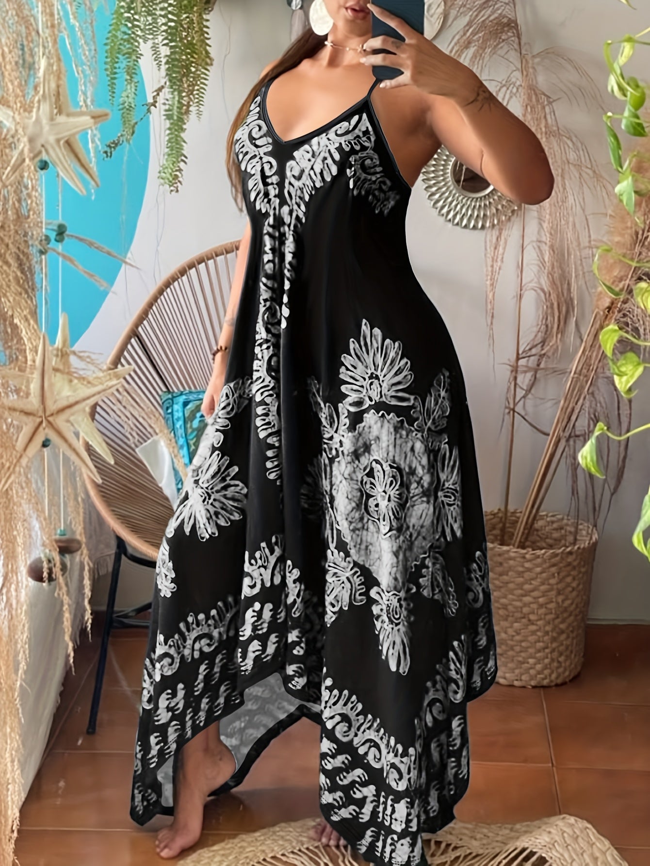 Bohemian Floral Maxi Dress – V-Neck Spaghetti Strap Summer Dress
